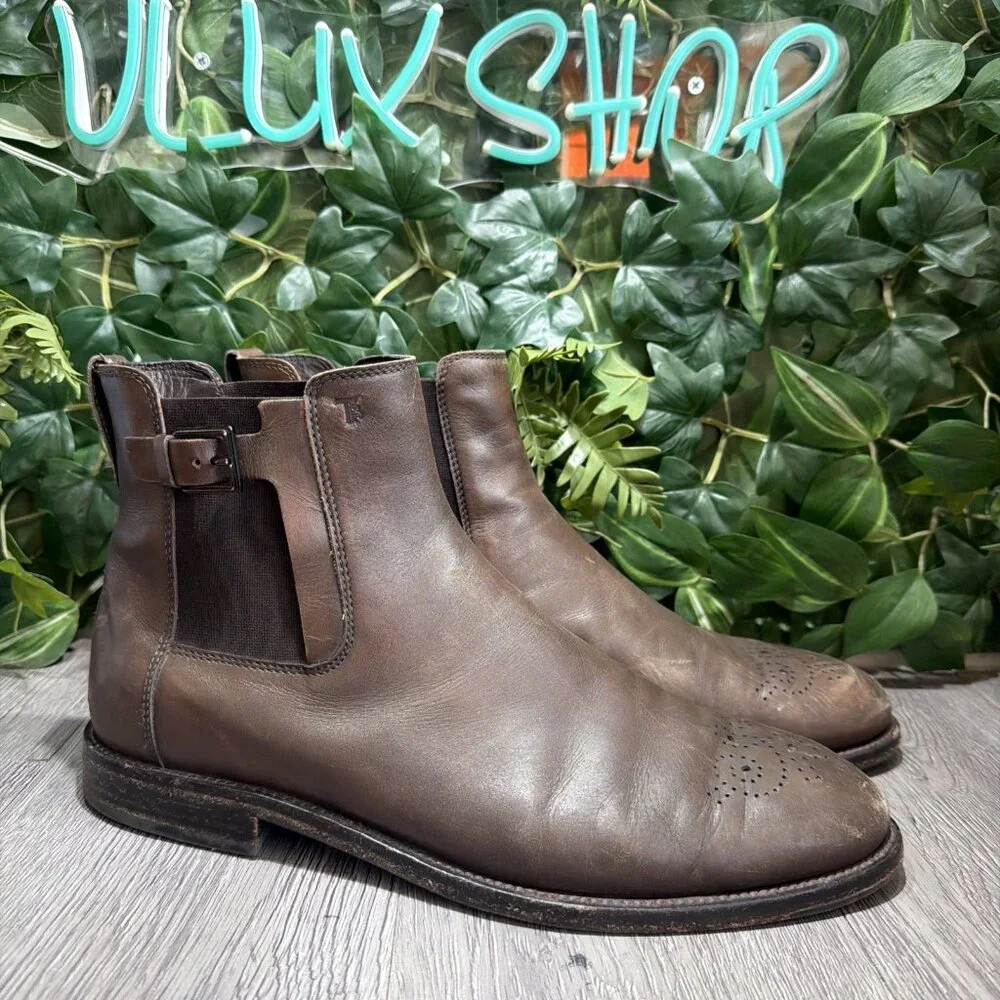 MEN'S TOD'S Buckle CHELSEA WINGTIP BROWN LEATHER BOOTS SIZE 9.5 DISTRESSED